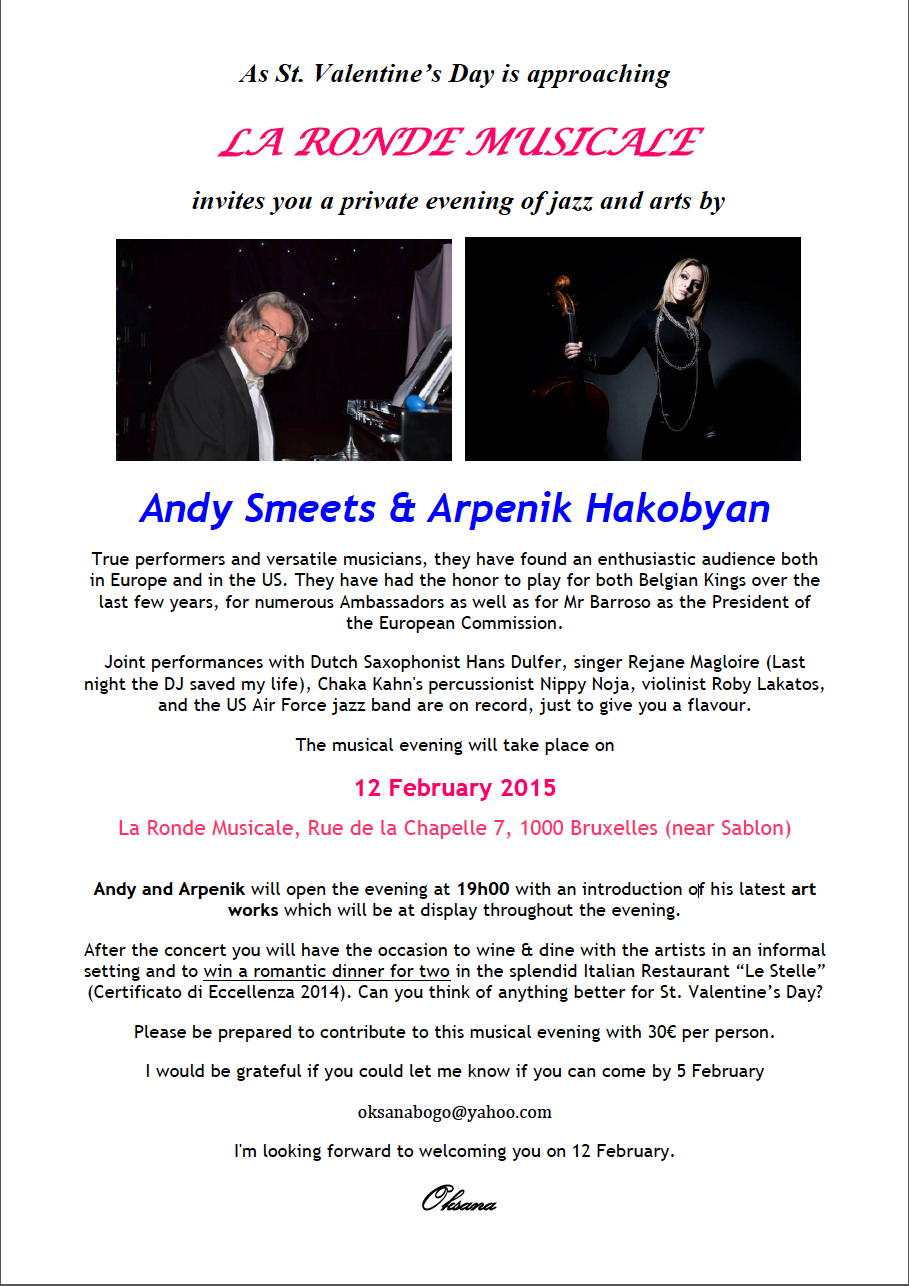 Affiche. Bruxelles. Concert privé Andy Smeets & Arpenik Hakobyan. 2015-01-23